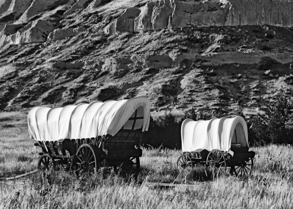 Nebraska, Scotts Bluff Covered wagons in field